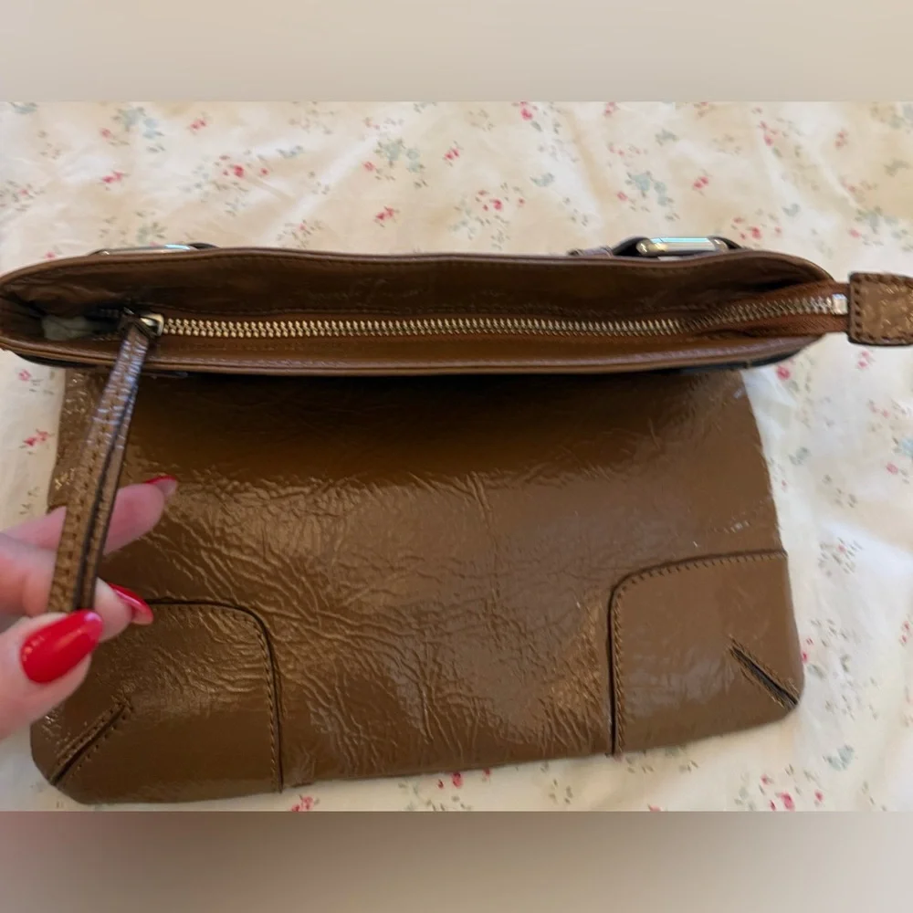 Club Monaco Y2K Cognac Brown Patent Leather Fold-Over Clutch Bag